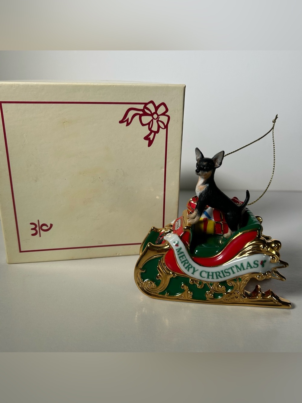 Chihuahua Christmas Ornament Black Tan Dog Sleigh Presents Holiday W/ Box 2006